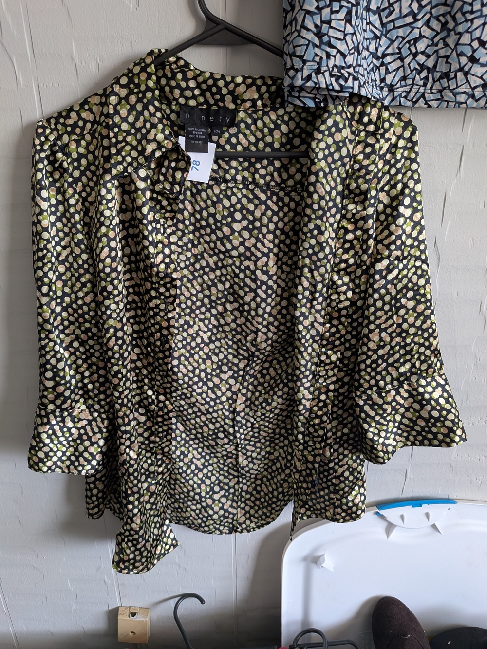 Ninety Black Satin Button-Down Blouse with Green and Cream Dots